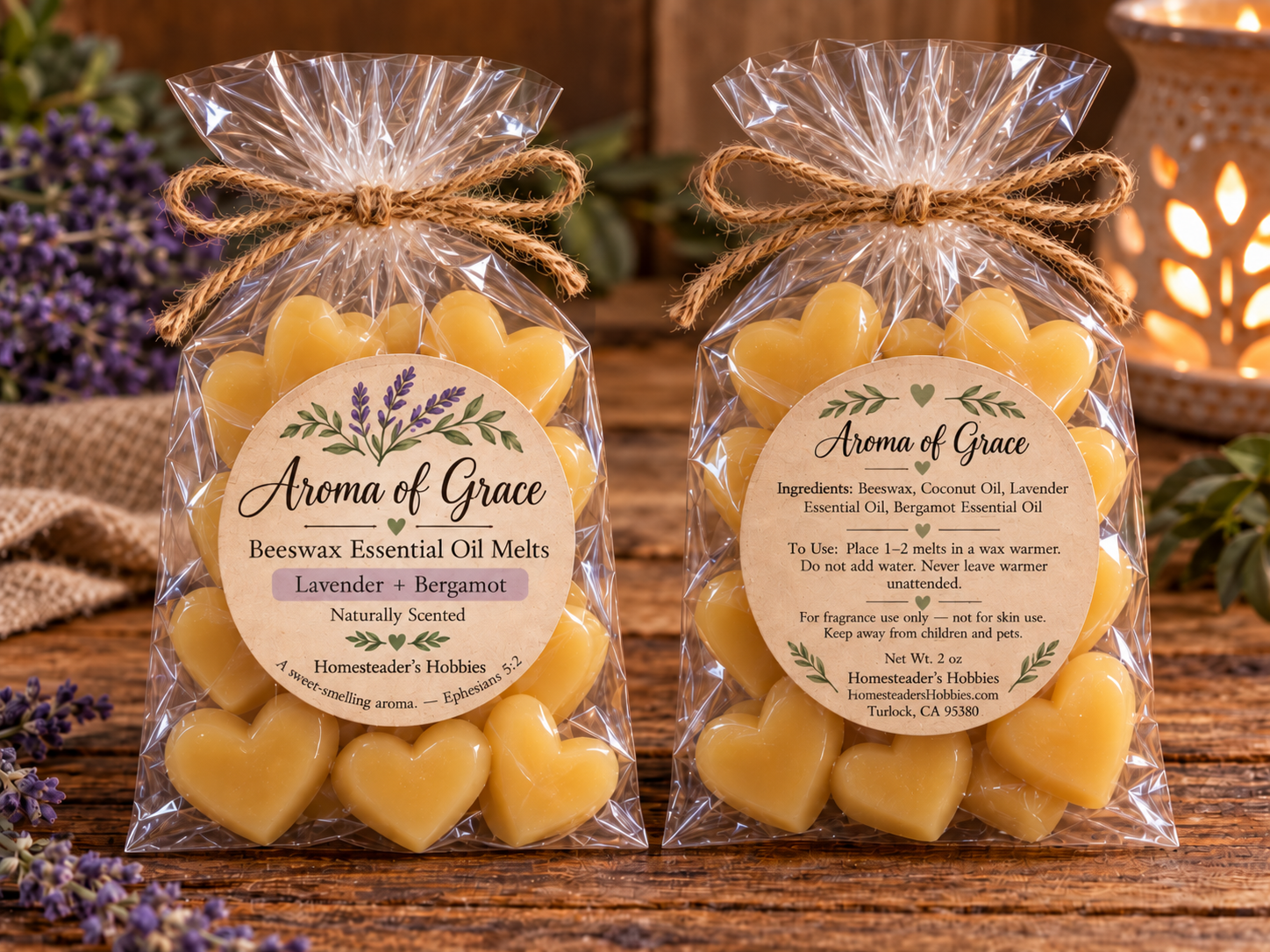 Two full bags of Aroma of Grace beeswax essential oil melts in Lavender and Bergamot