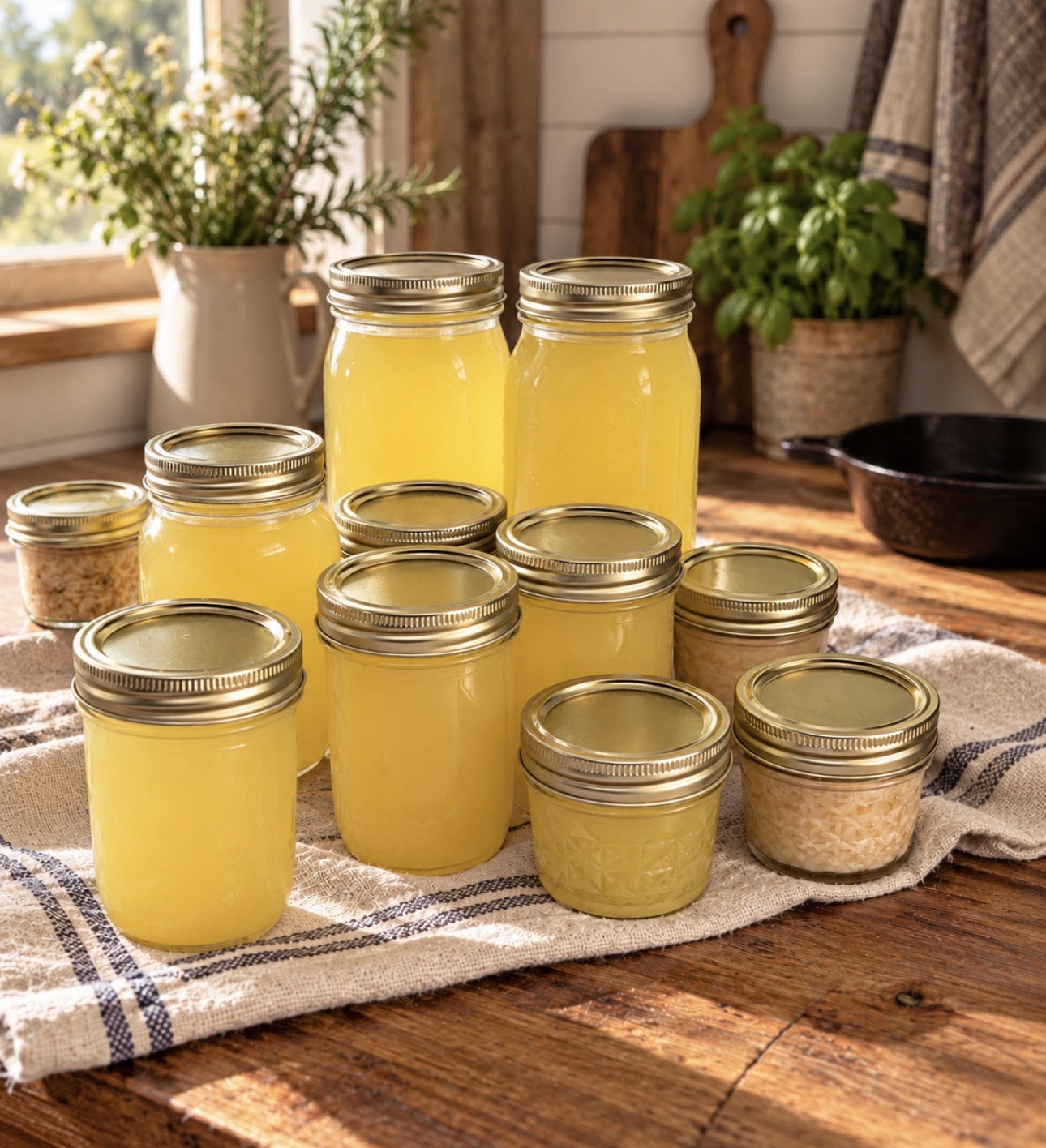 Jars of rendered beef tallow arranged on a wooden kitchen counter