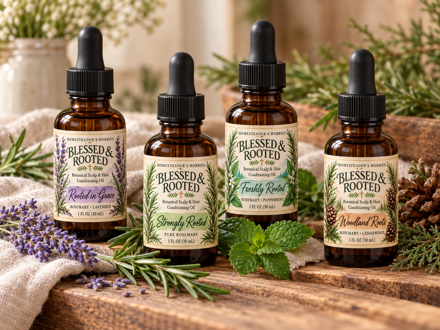 Four Blessed and Rooted botanical scalp and hair conditioning oils