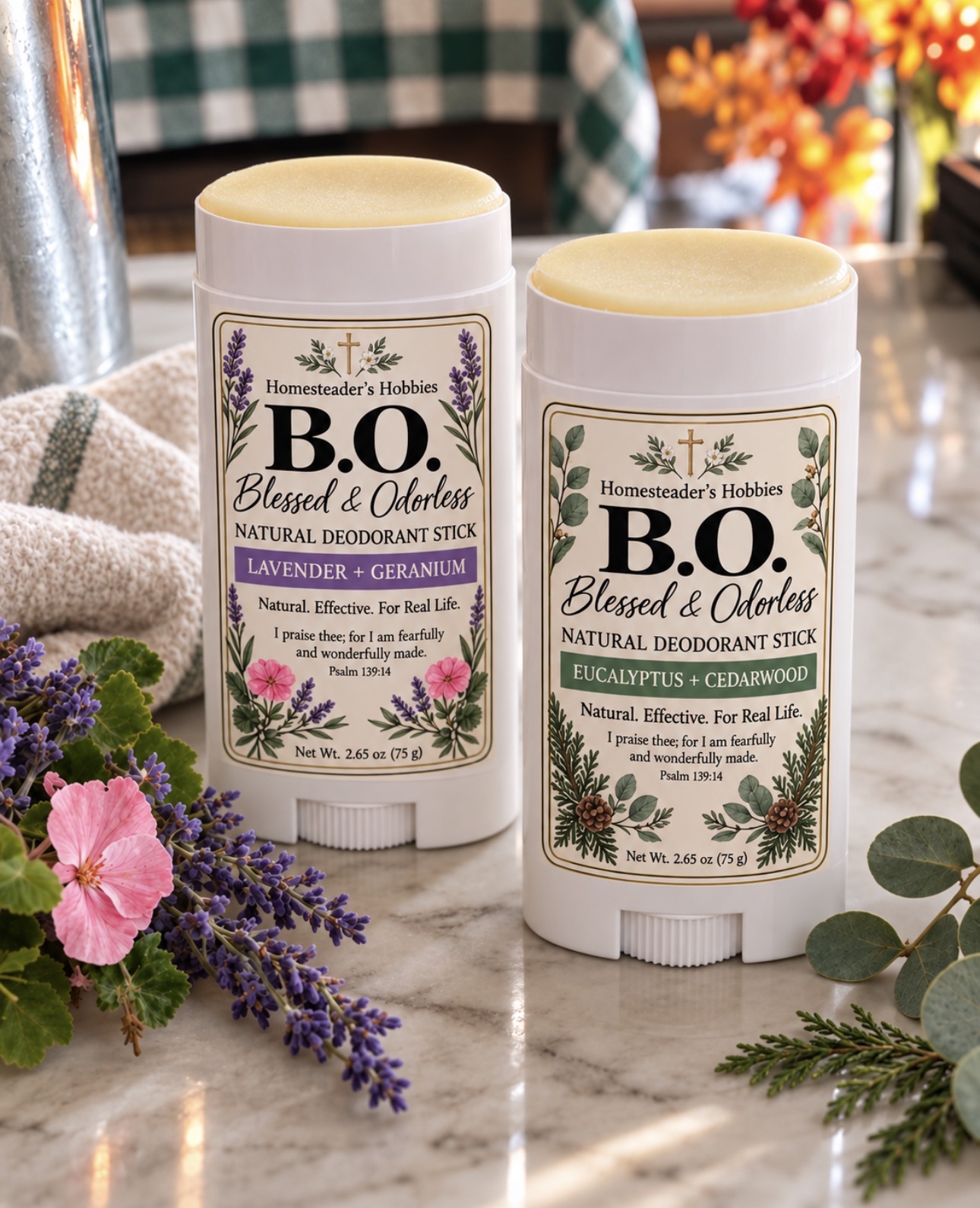 Blessed and Odorless deodorant sticks with floral labels
