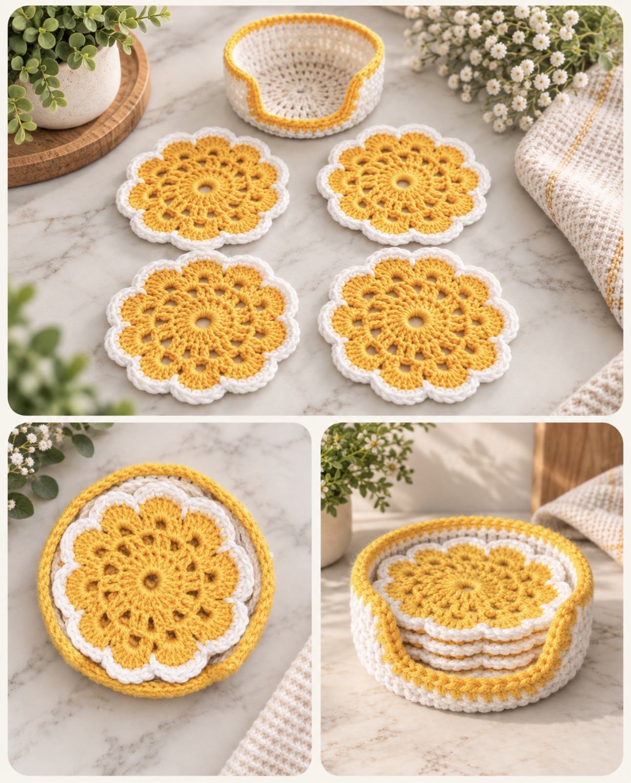 Yellow and white handmade flower coasters with a matching holder