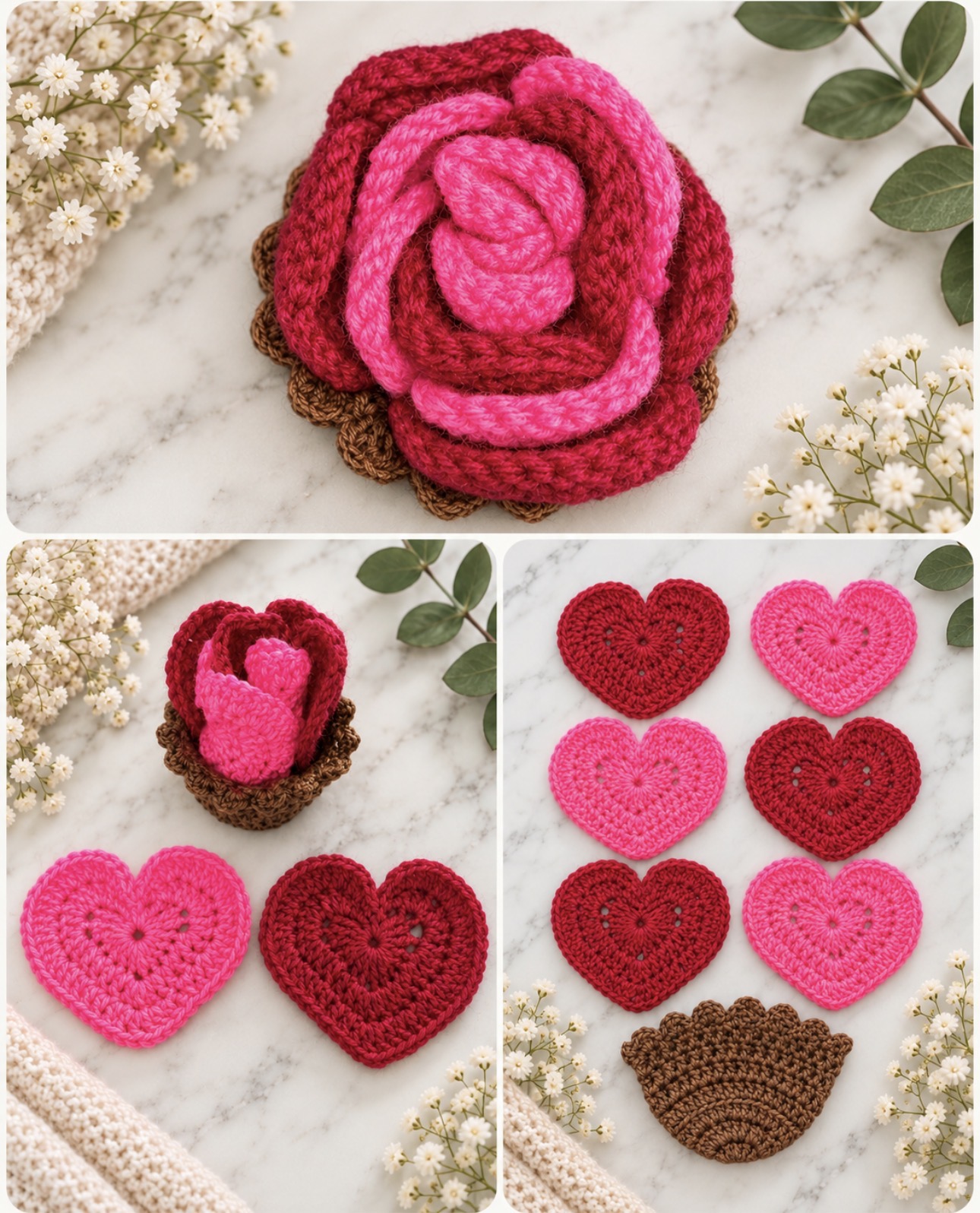 Pink and red handmade heart coasters that gather into a rose-shaped holder