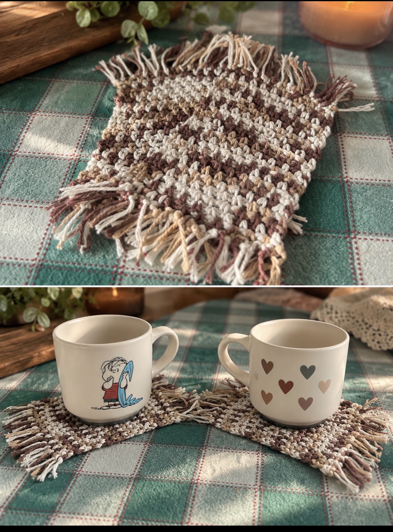 A handmade neutral crochet mug rug shown alone and beneath two cozy mugs