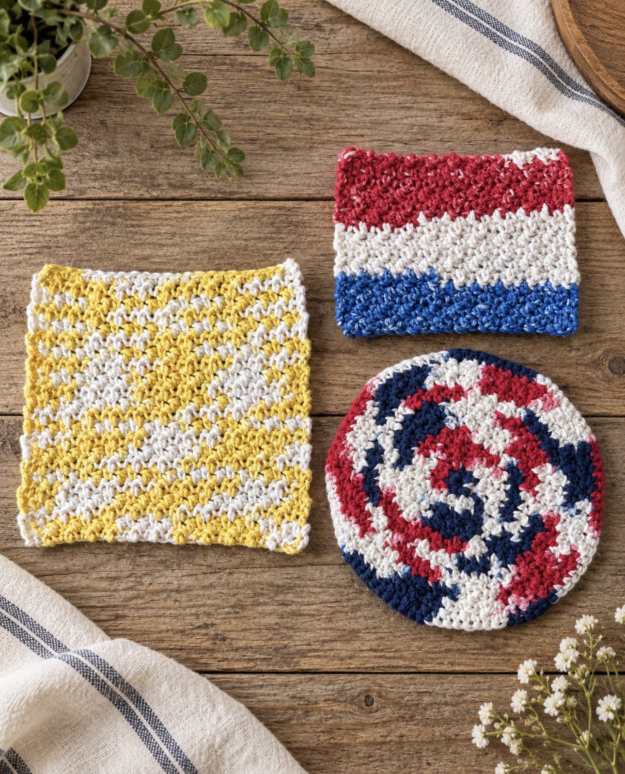 Three handmade crochet scrubbies in cheerful colors and shapes