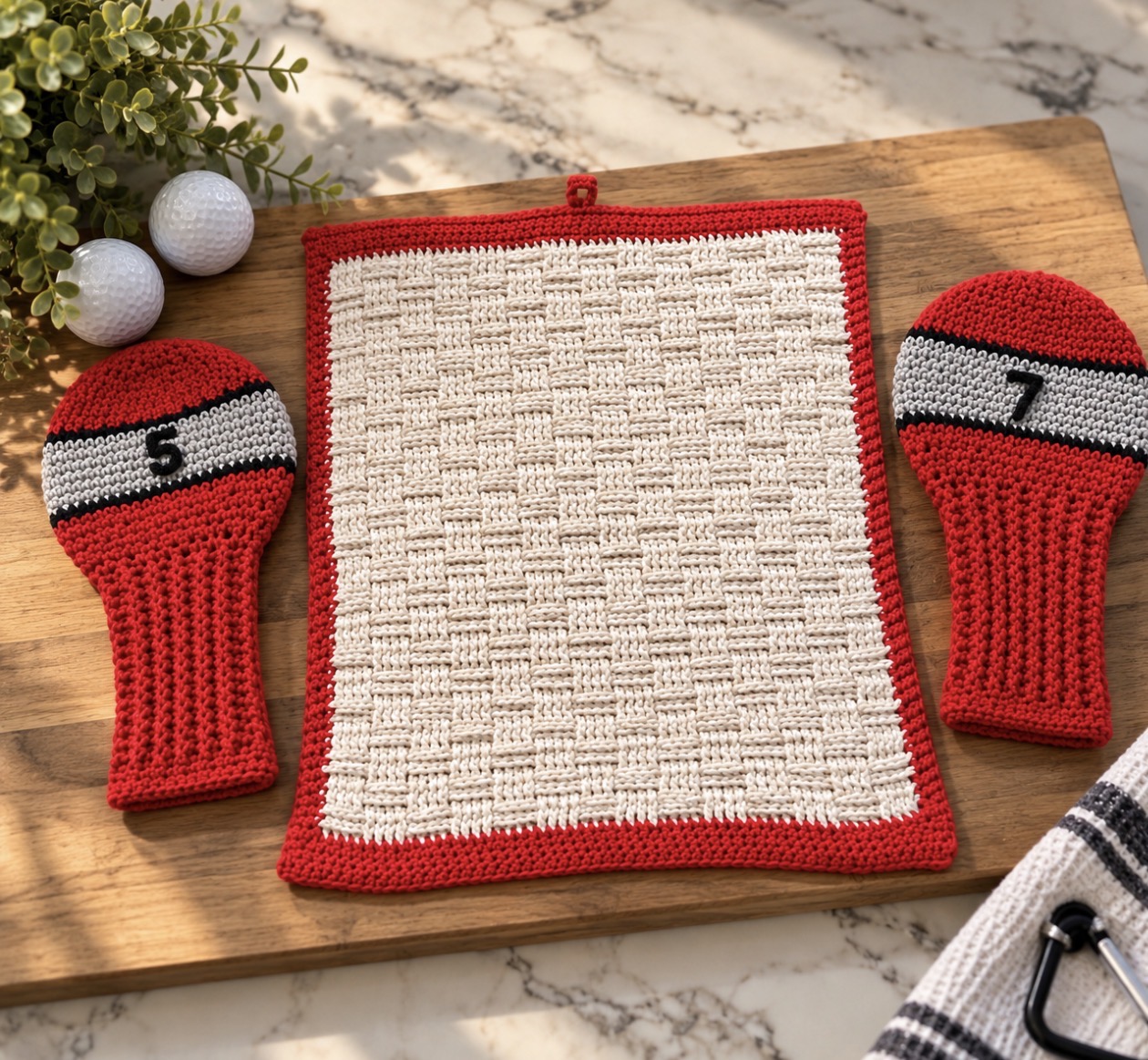 Custom crochet golf towel with matching number six and seven club covers