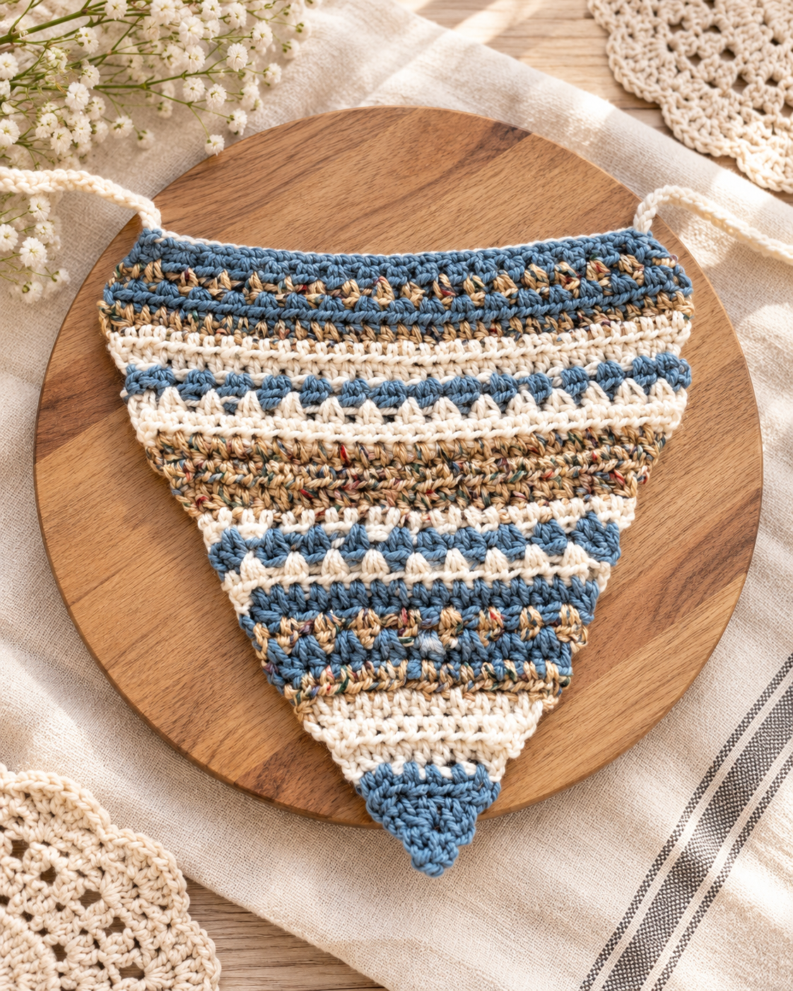 Blue and cream crochet dog bandana
