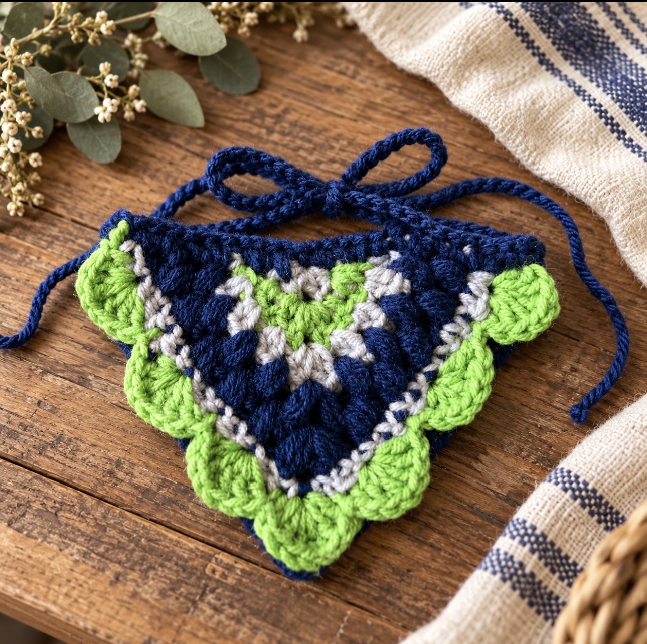 Seahawks Homestead Scallop crochet dog bandana in blue, green, and gray