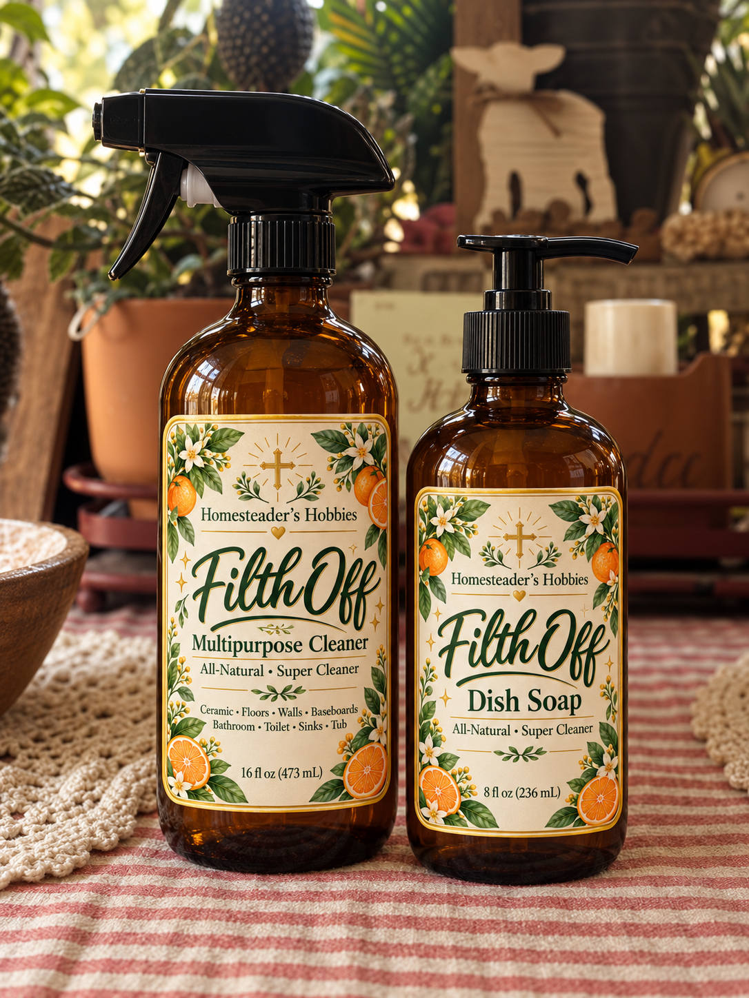 Newly labeled Filth Off Multipurpose Cleaner and Dish Soap bottles