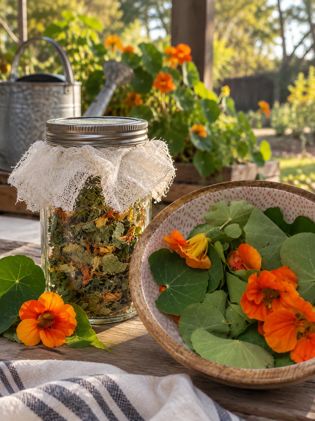 A jar of dried garden herbs beside fresh nasturtium leaves and orange flowers