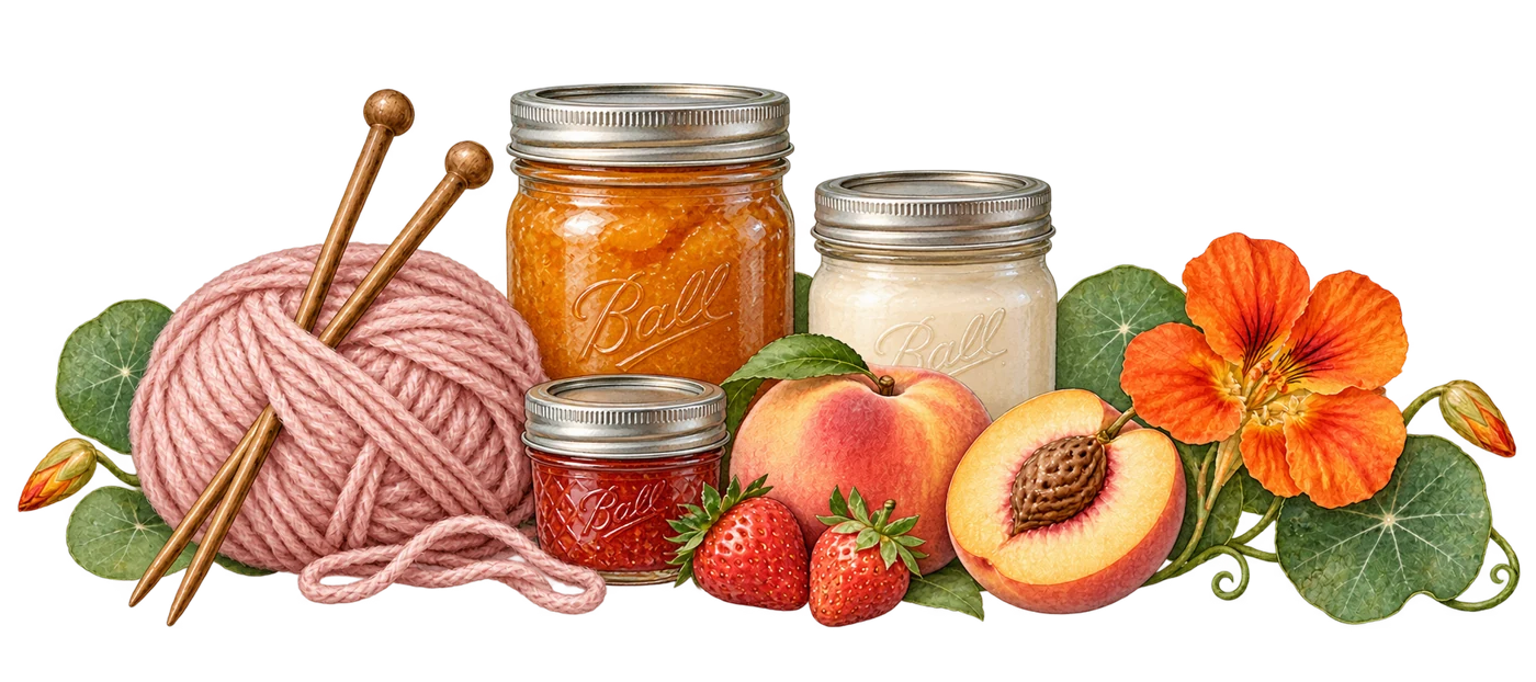 Painted yarn, preserving jars, peaches, strawberries and nasturtiums