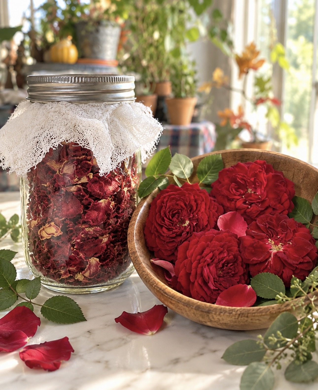 Dried rose petals in a glass jar beside freshly gathered red roses