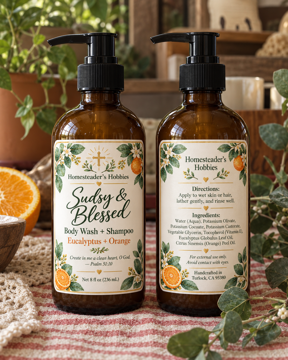 Front and back views of newly labeled Sudsy and Blessed body wash and shampoo bottles