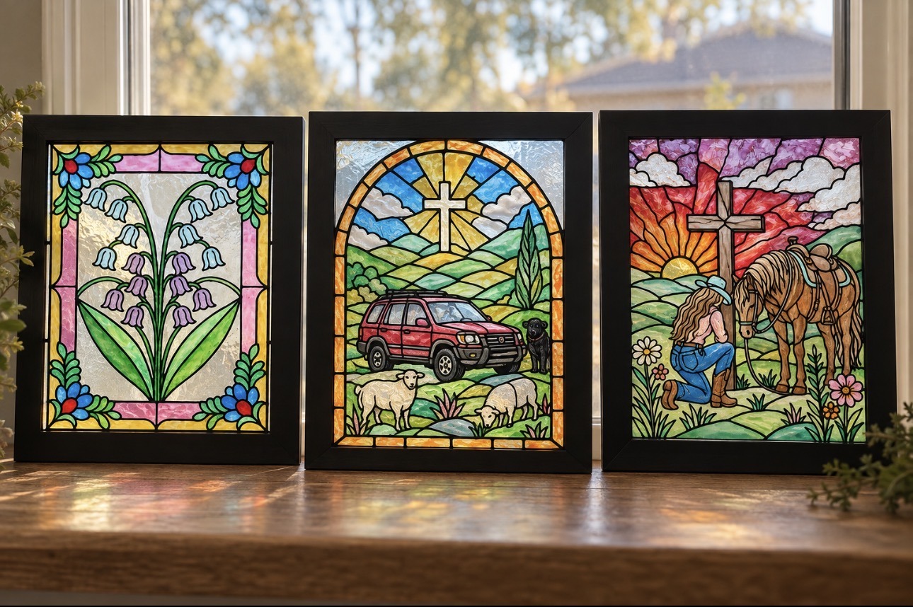Three finished hand-painted Windows of Grace pieces